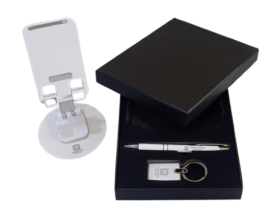 3 IN 1 SET OF WHITE MOBILE STAND, PEN, KEYCHAIN