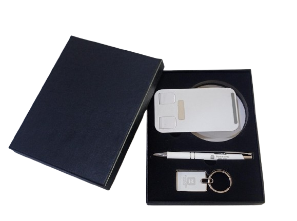 3 IN 1 SET OF WHITE MOBILE STAND, PEN, KEYCHAIN