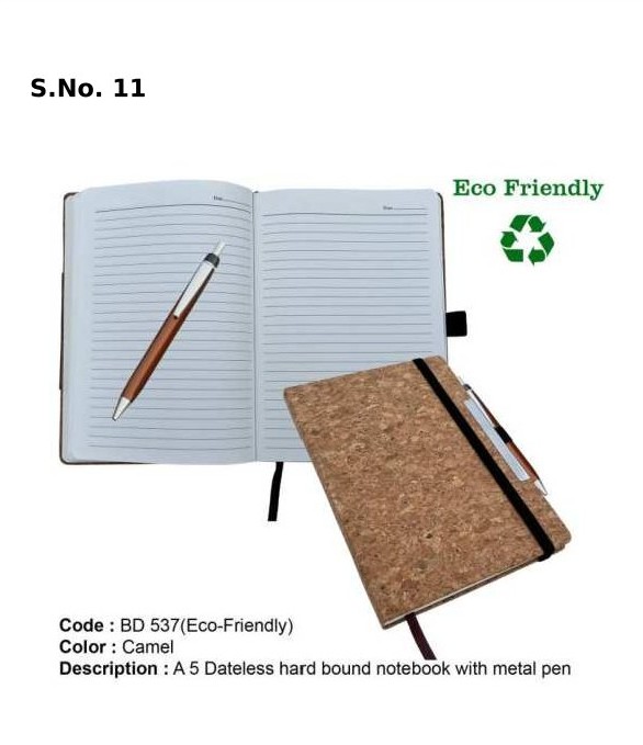 A 5 Dateless hard bound notebook with metal pen (192 Pages) - Eco-Friendly