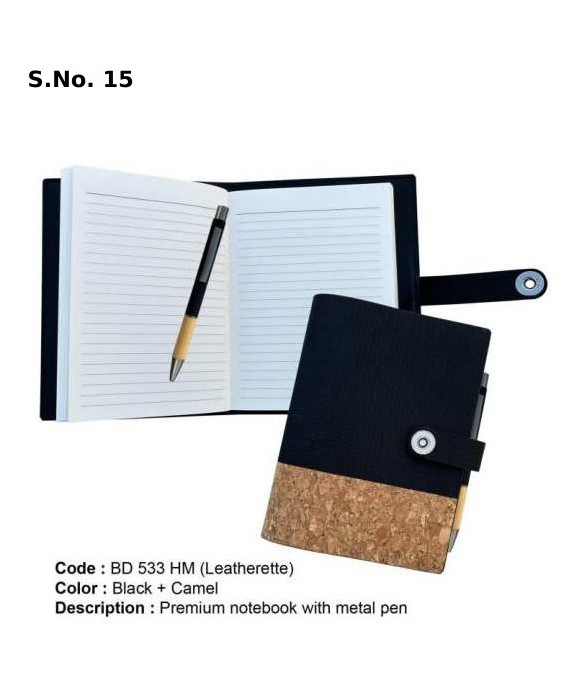 Premium notebook with metal pen (296 Pages) Size : 159 X 118 mm