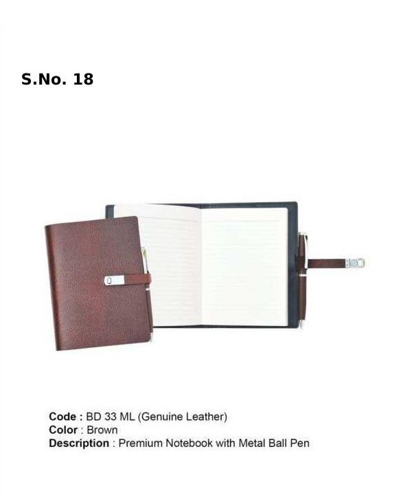 Premium notebook with metal pen (296 Pages) Size:159 X 118 mm. GENUINE LEATHER