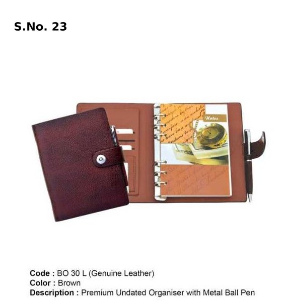 Premium undated organiser with metal pen (250 Pages) - Size : 172 X 120 mm GENUINE LEATHER