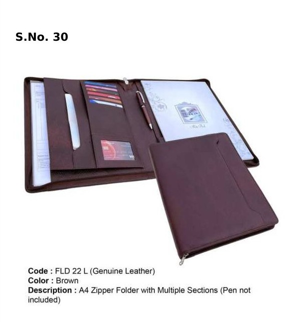 A4 Zipper Folder with Multiple Sections (without pen) GENUINE LEATHER