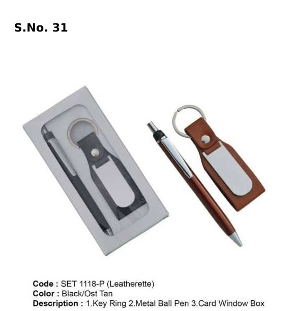 2 Piece Gift Set of Leatherite key chain, metal ball pen, card board window box