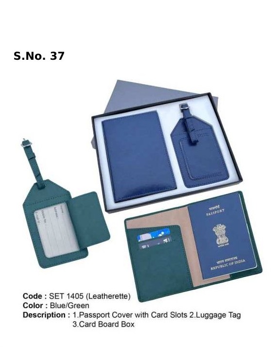 2 Piece Gift Set of Leatherite passport cover with card slots, luggage tag, card board box