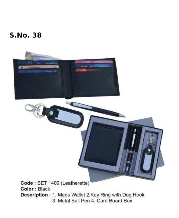 3 Piece Gift Set of Leatherite gents wallet, key ring with dog hook, metal ball pen, card board box 