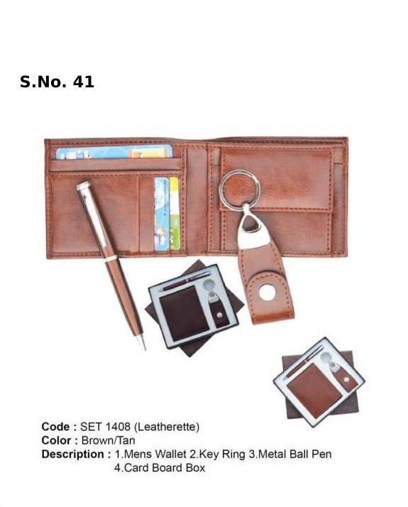3 Piece Gift Set of Leatherite gents wallet, key ring, metal ball pen, card board box