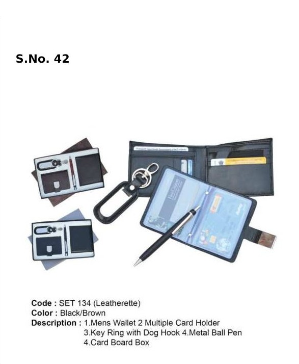 4 Piece Gift Set of Leatherite gents wallet, multiple card holder, key ring with dog hook, metal ball pen, card board box 