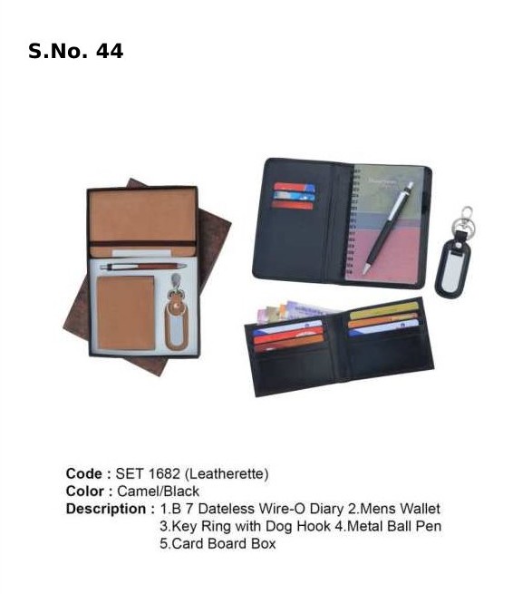 4 Piece Gift Set of Leatherite B 7 dateless wire - o diary, gents wallet, key ring with dog hook, metal ball pen, card board box