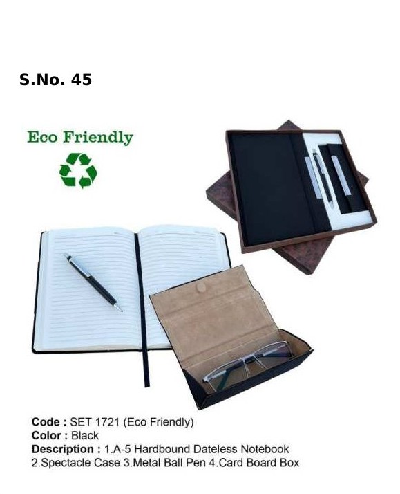 3 Piece Gift Set of  A - 5 hardbound dateless notebook, spectacle case, metal ball pen, card board box