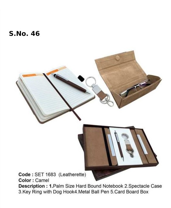 4 Piece Gift Set of plam size hard bound notebook, spectacle case, key ring dog hook fitting, metal ball pen, card board box