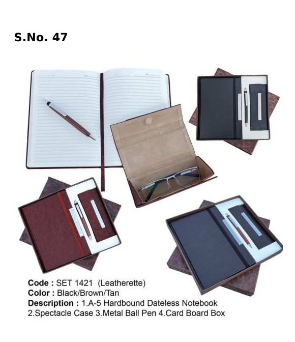 3 Piece Gift Set of  A - 5 hardbound dateless notebook, spectacle case, metal ball pen, card board box
