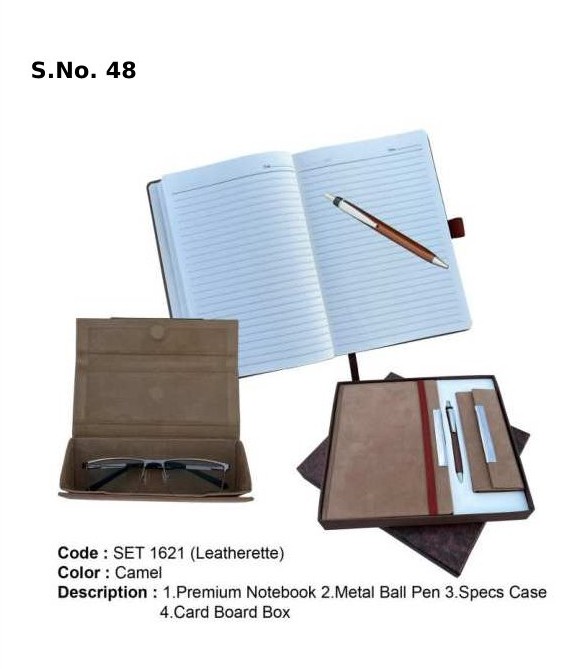 3 Piece Gift Set of A - 5 hardbound dateless notebook, spectacle case, metal ball pen, card board box