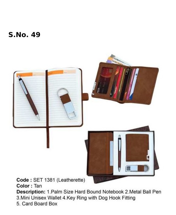 4 Piece Gift Set of plam size hard bound notebook, mini unisex wallet, key ring with dog hook, metal ball pen, card board box