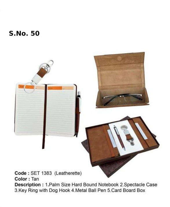 4 Piece Gift Set of palm size hard bound notebook, spectacle case, key ring with dog hook fitting, metal ball pen, card board box