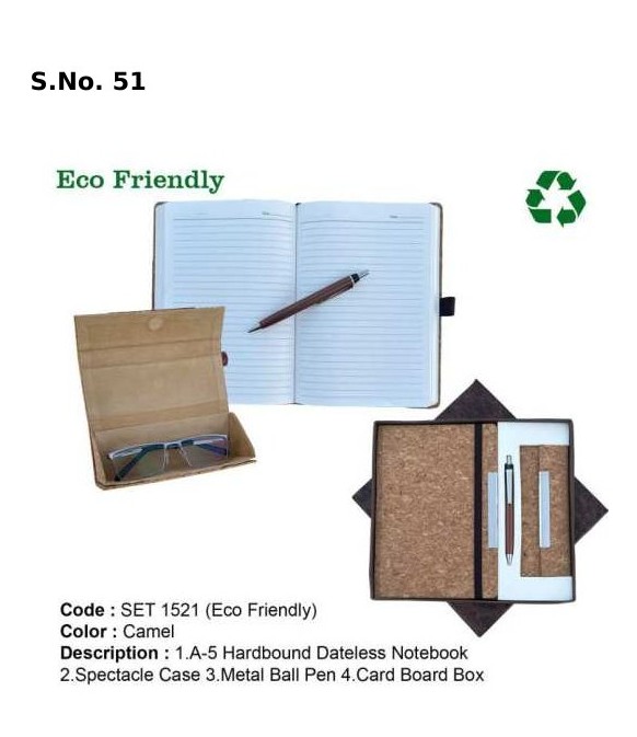 3 Piece Gift Set of A - 5 hardbound dateless notebook, spectacle case, metal ball pen, card board box