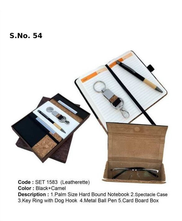4 Piece Gift Set of plam size hard bound notebook, spectacle case, key ring with dog hook, black + bamboo ball pen, card board box