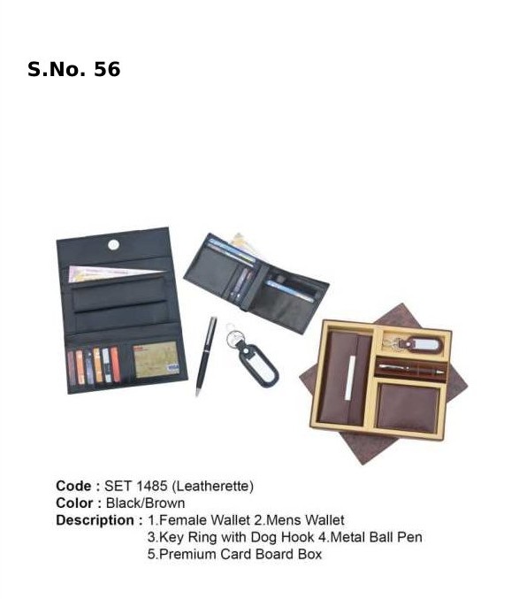 4 Piece Gift Set of ladies wallet, gents wallet, key ring with dog hook fitting, metal ball pen, premium card board box