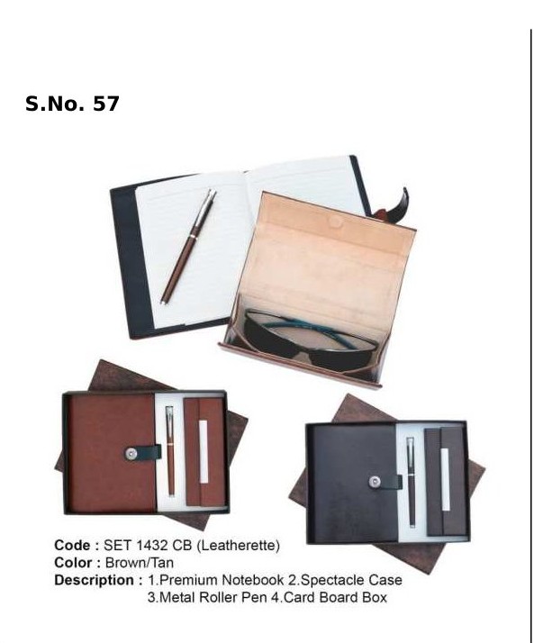3 Piece Gift Set of premium notebook, spectacle case, metal roller pen, card board box