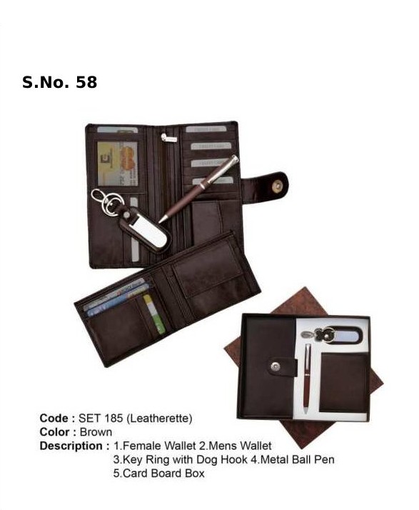 4 Piece Gift Set of ladies wallet, gents wallet, key ring with dog hook, metal ball pen, card board box