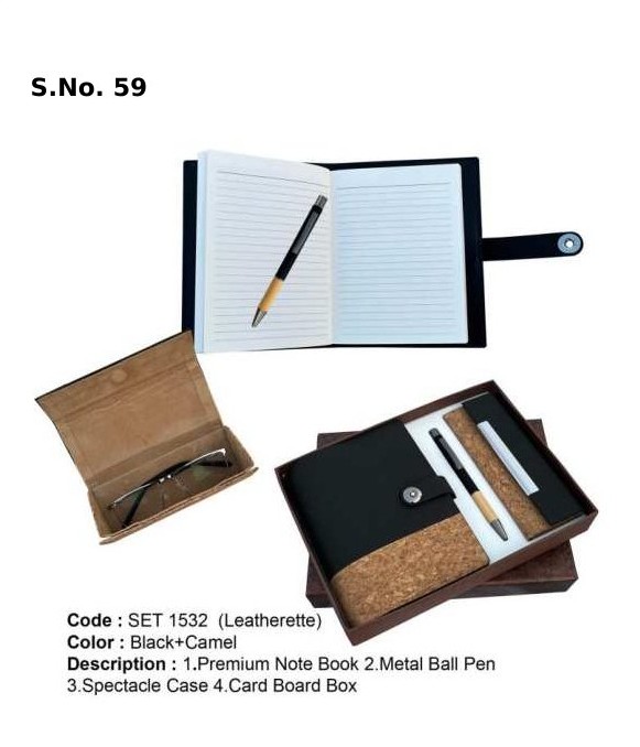 3 Piece Gift Set of premium notebook, spectacle case, black + bamboo ball pen, card board box