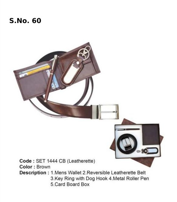 4 Piece Gift Set of gents wallet, reversible belt, key ring with dog hook, metal roller pen, card board box