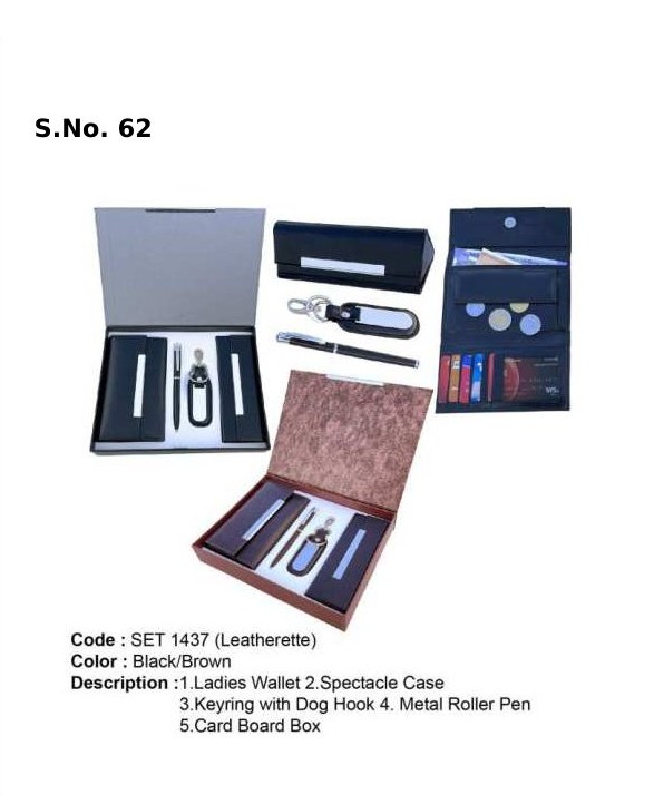 4 Piece Gift Set of ladies wallet, spectacle case, key ring with dog hook, metal roller pen, card board box