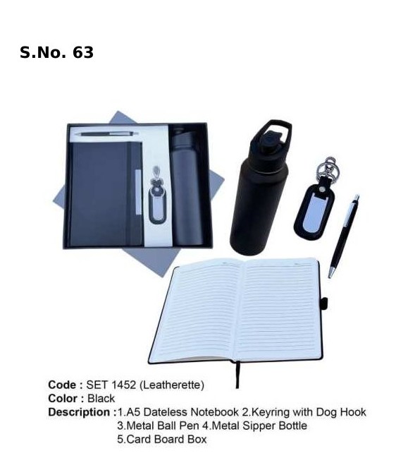 4 Piece Gift Set of A- 5 hardbound dateless notebook, key ring with dog hook, metal ball pen, sipper bottle, card board box