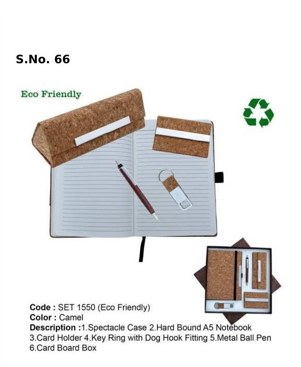5 Piece Gift Set of A-5 hardbound dateless notebook, spectacle case, visiting card holder, key ring with dog hook, metal ball pen, card board box