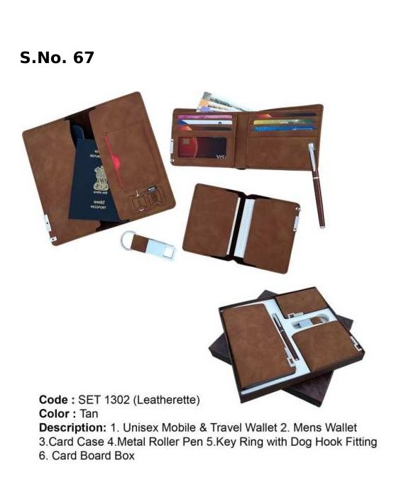 5 Piece Gift Set of unisex mobile & travel wallet, mens wallet, card case, metal roller pen, key ring with dog hook, card board box