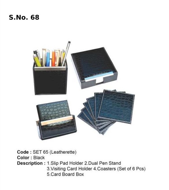 4 Piece Destop Gift Set of slip pad holder, dual pen stand, visiting card holder, coaster(set of 6pcs), card board box