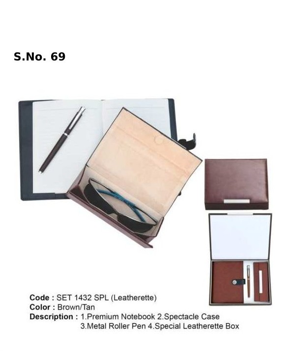 3 Piece Gift Set of premium notebook, spectacle case, metal roller pen, special leatherette box