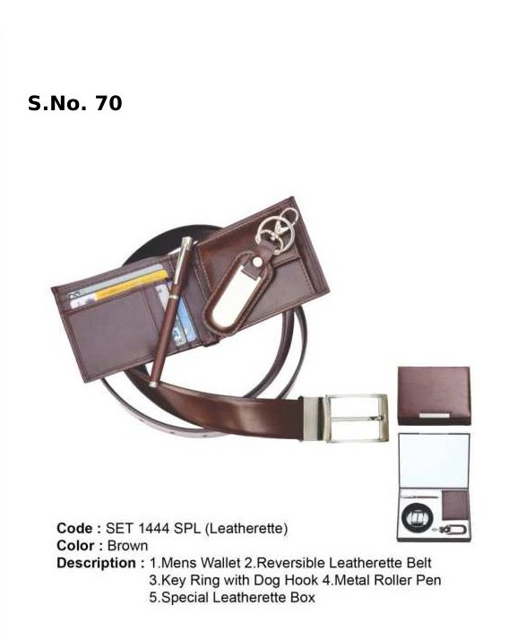 4 Piece Gift Set of gents wallet, reversible belt, key ring with dog hook, metal roller pen, special leatherette box