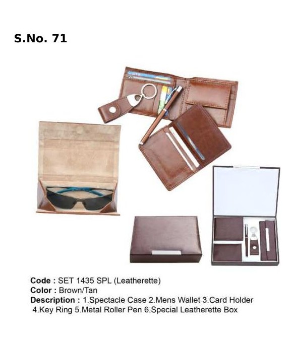5 Piece Gift Set of spectacle case, gents wallet, card holder, key ring, metal roller pen, special leatherette box