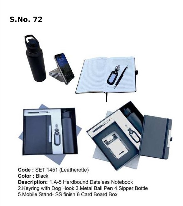 5 Piece Gift Set of A-5 hardbound dateless notebook, key ring with dog hook, metal ball pen, sipper bottle, mobile stand-ss finish, card board box
