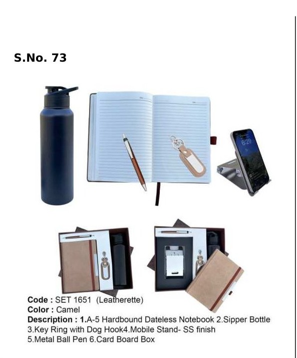 5 Piece Gift Set of A-5 hardbound dateless notebook, key ring with dog hook, metal ball pen, sipper bottle, mobile stand-ss finish, card board box