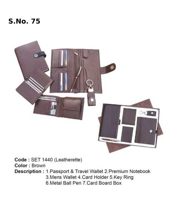 6 Piece Gift Set of passport & travel wallet, premium notebook, gents wallet, card holder, key ring, metal ball pen,card board box