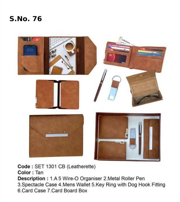 6 Piece Gift Set of A 5 wire-o organiser, spectacle case, mens wallet, card case, metal ball pen, premium leatherette box