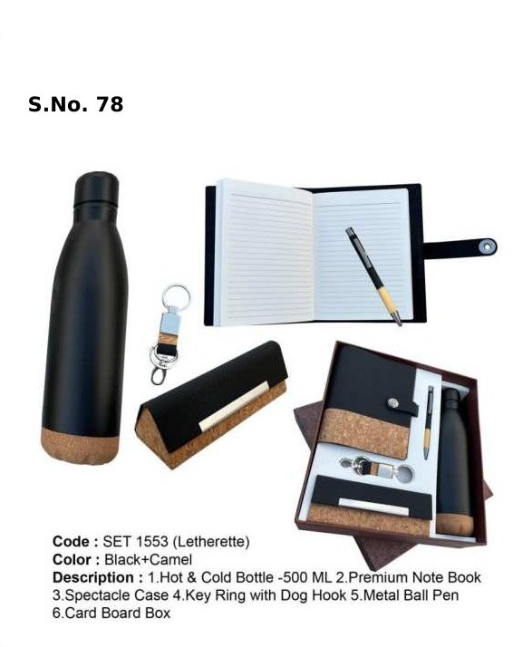 5 Piece Gift Set of hot & cold bottle-500ml, premium note book, spectacle case, key ring with dog hook, black & bamboo ball pen, card board box