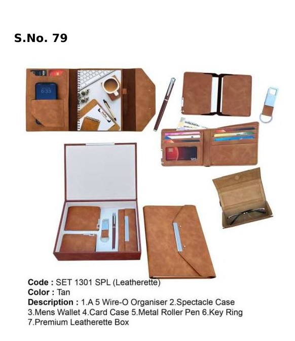 6 Piece Gift Set of A5 wire-o organiser, spectacle case, mens wallet, card case, metal roller pen, key ring with dog hook fitting, premium leatherette box