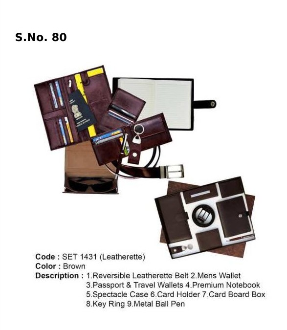 8 Piece Gift Set of reversible belt, passport & travel wallet, premium notebook, spectacle case, gents wallet, card holder, key ring, metal ball pen, card board box