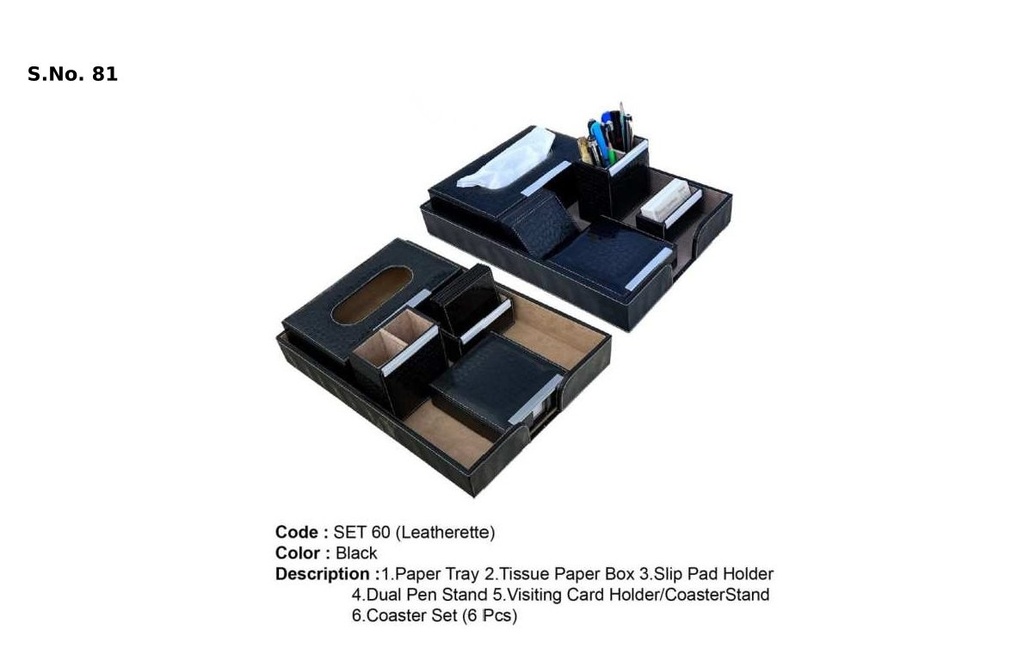 6 Piece Gift Set of paper tray, tissue paper holder, slip pad holder, dual pen stand, visiting card holder, coaster(set of 6pcs) card board box 