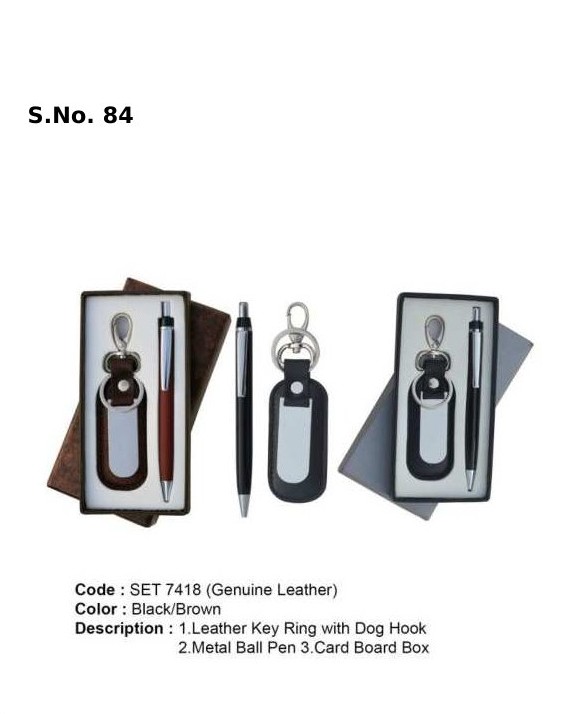 2 Piece Gift Set of key ring with dog hook, metal ball pen, card board box