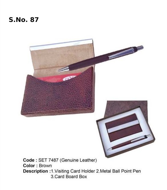 2 Piece Gift Set of visiting card holder, metal ball pen, card board box