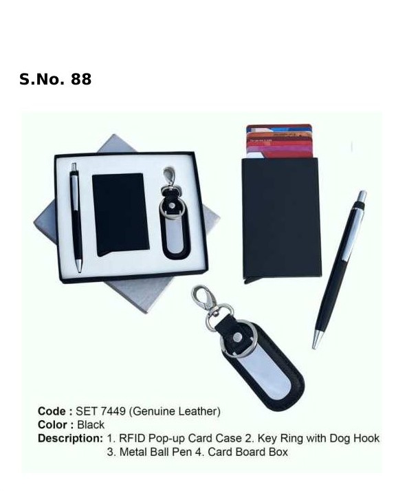 3 Piece Gift Set of RFID pop-up card case, key ring with dog hook, metal ball pen, card board box 