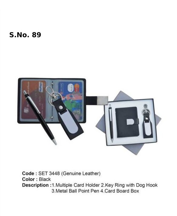 3 Piece Gift Set of multiple card holder, key ring with dog hook, metal ball pen, card board box 