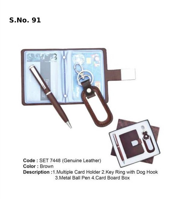 3 Piece Gift Set of multiple card holder, key ring with dog hook, metal ball pen, premum card board box