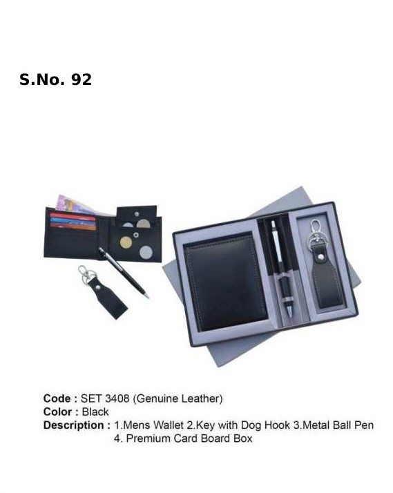 3 Piece Gift Set of gents wallet, key ring with dog hook, metal ball pen, premium card board box