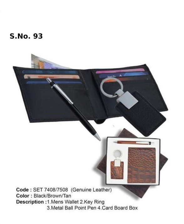 3 Piece Gift Set of gents wallet, key ring, metal ball pen, card board box