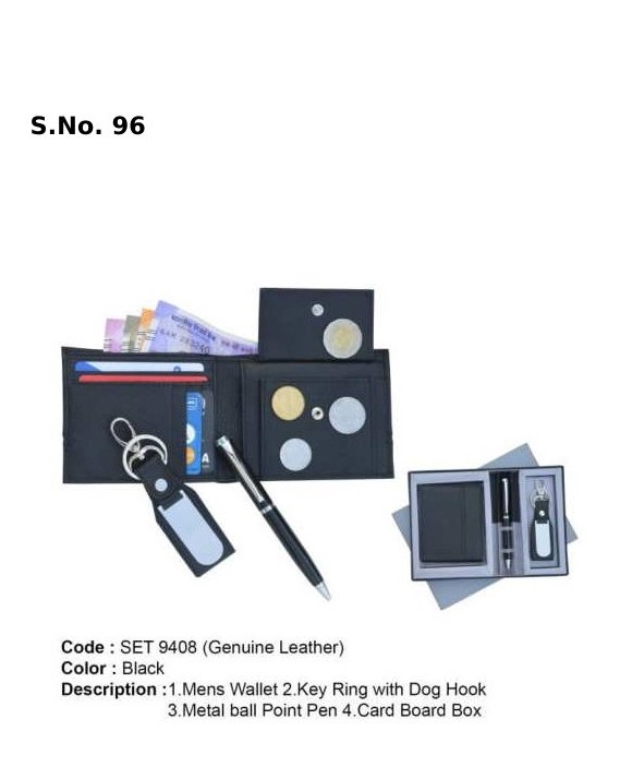 3 Piece Gift Set of gents wallet, metal ball pen, key ring with dog hook, premium card board box